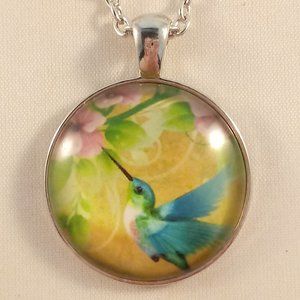 Silver Hummingbird Flower Cabochon Pendant Necklace 20" Party Gift